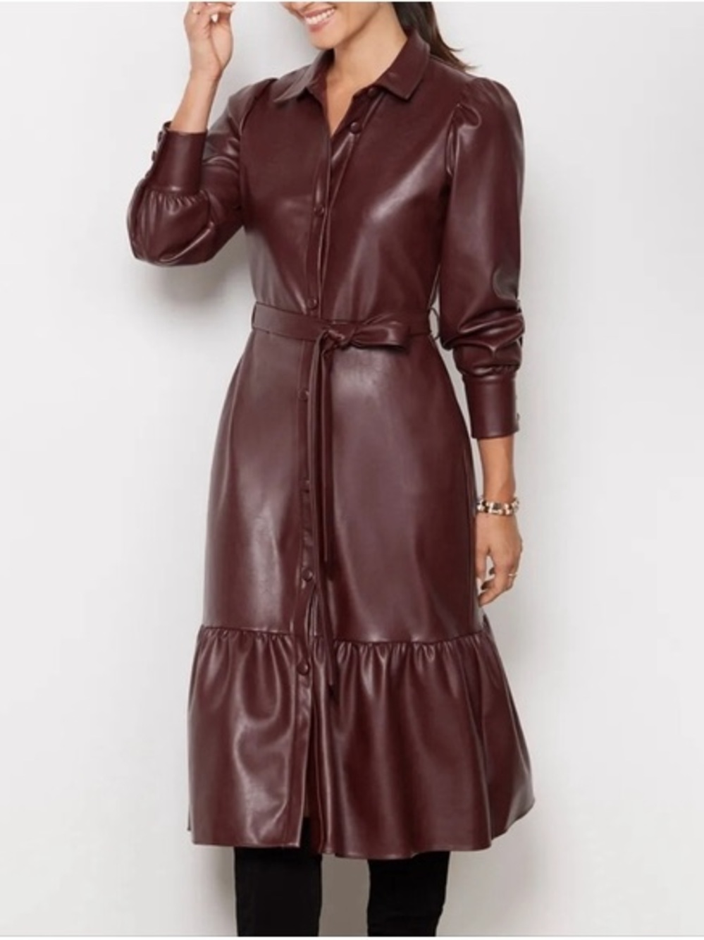 Evereve Isabella Faux Leather Midi Dress Button Down Burgundy Tie Belt
